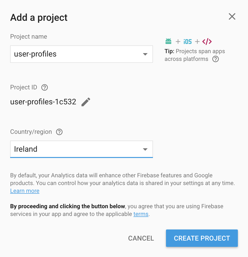 Create new Firebase project details
